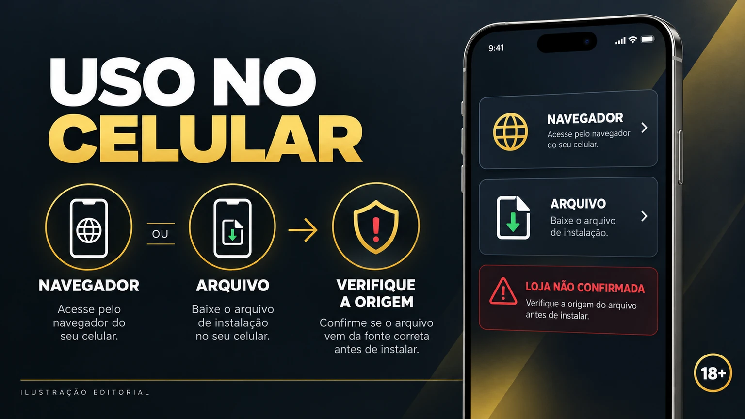 Comparação editorial entre catálogo APK, navegador móvel e atalho de tela inicial